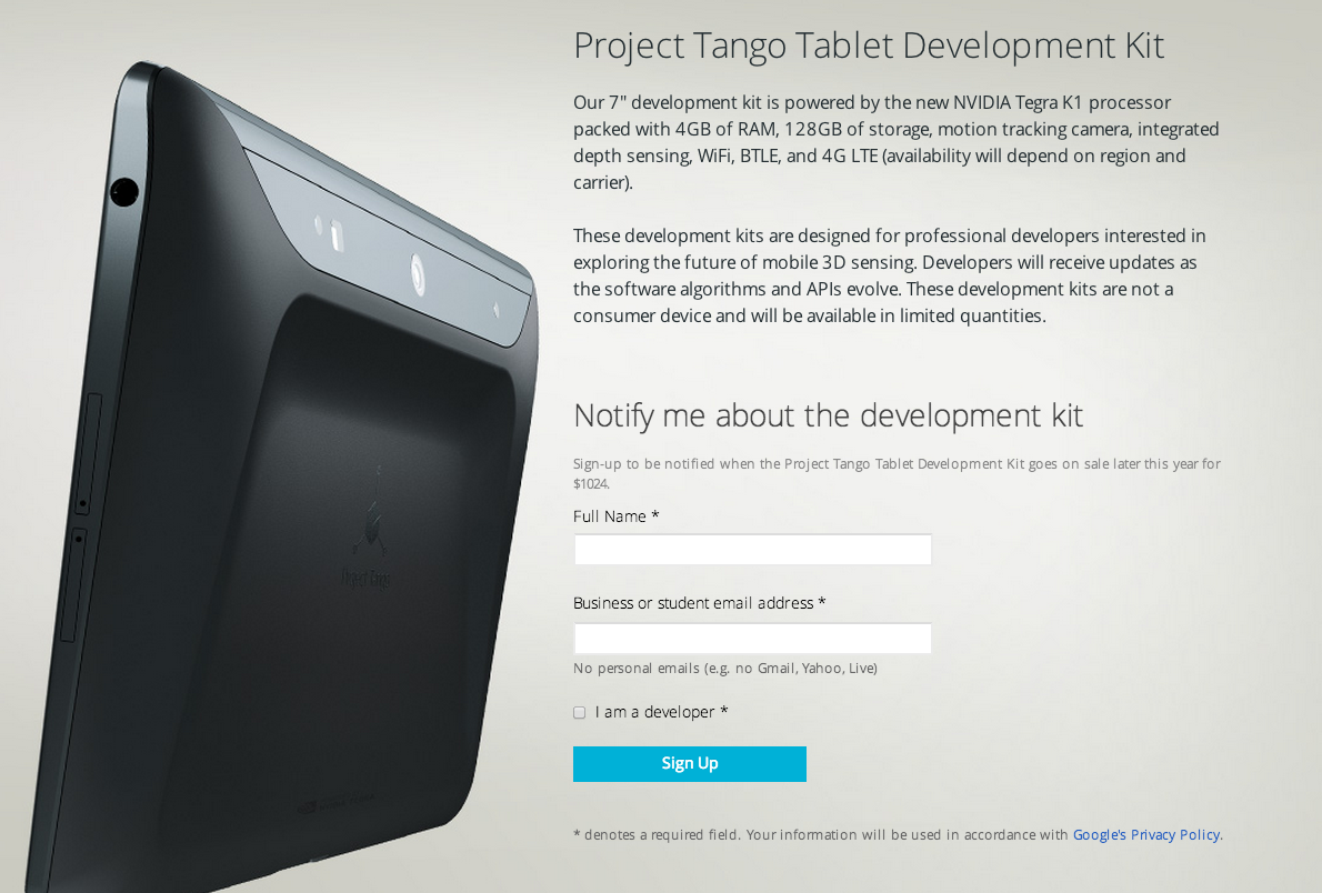 Google представляет планшет Project Tango для разработчиков: Tegra K1, 4 ГБ и 128 ГБ